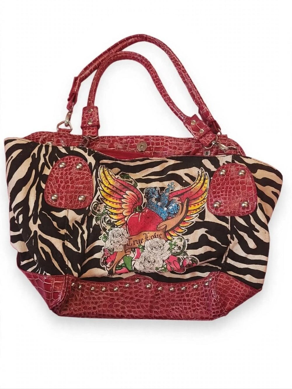 Ed Hardy Y2K True Love Winged Heart Zebra Croc Tote Bag Rhinestone Studded